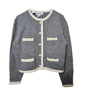 JH Collectibles Women's Cardigan Sweater PM Petite Gray 100% Wool Office Core